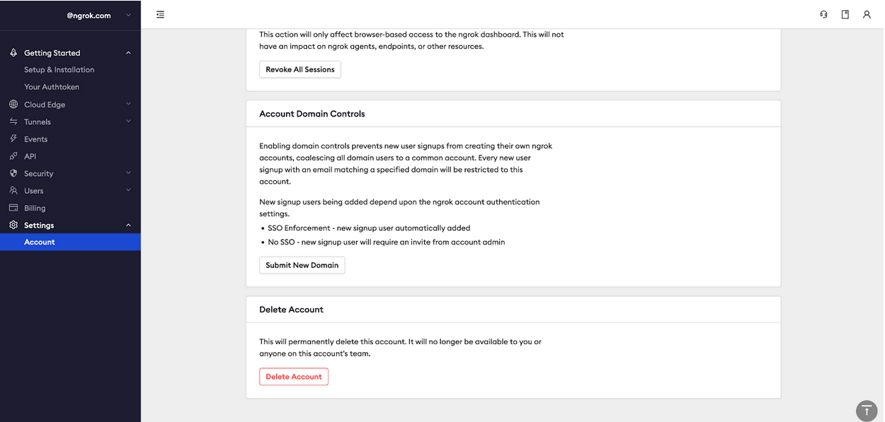 Account Domain Controls settings page in ngrok Dashboard