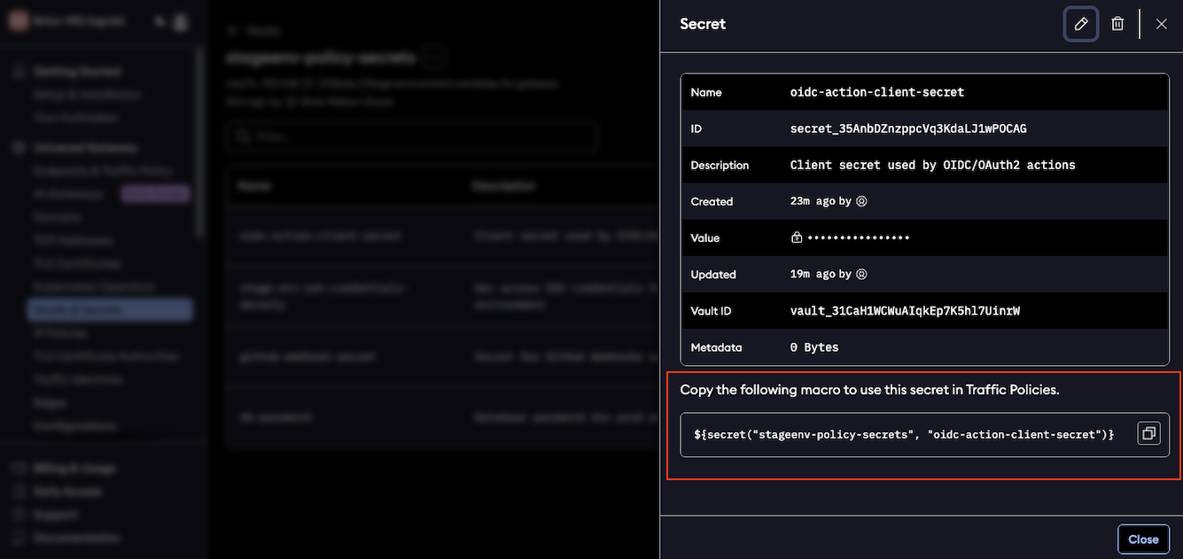 Viewing a new secret and copying its related
macro