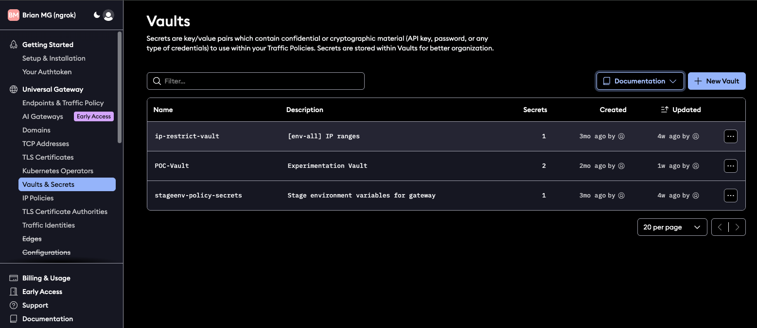 Viewing all Vaults in the ngrok
dashboard